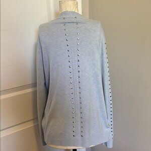 Gray Knit Cardigan Sweater with Open Front and silver metal accents